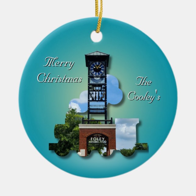 Personalisiert (blau) Foley-Uhr-Turm und -Zug Keramik Ornament (Vorne)