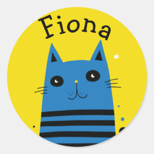 Personalisiert Blau und Gelb Moderne Cartoon Katze Runder Aufkleber