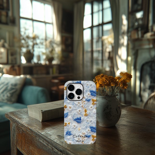 Personalisiert Blau und Gold bestickt mit Floral Case-Mate iPhone 14 Pro Hülle (Von Creator hochgeladen)