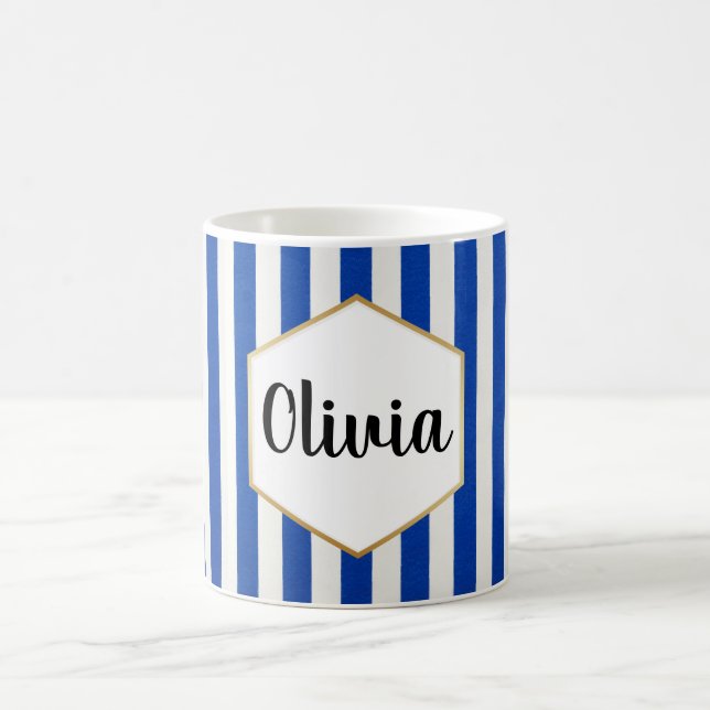Personalisiert Blau und Weiß gestreift Kaffeetasse (Mittel)