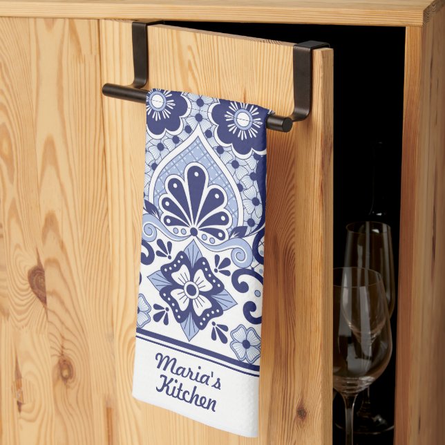 Personalisiert Blau und Weiß mexikanische Talavera Geschirrtuch (Drittel gefaltet)