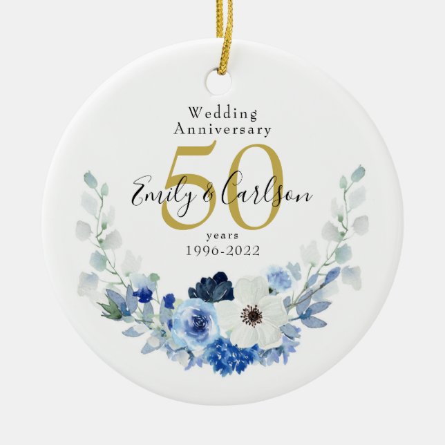 Personalisiert Blau und Weiße Blüte 50 Jubiläum Keramik Ornament (Vorne)