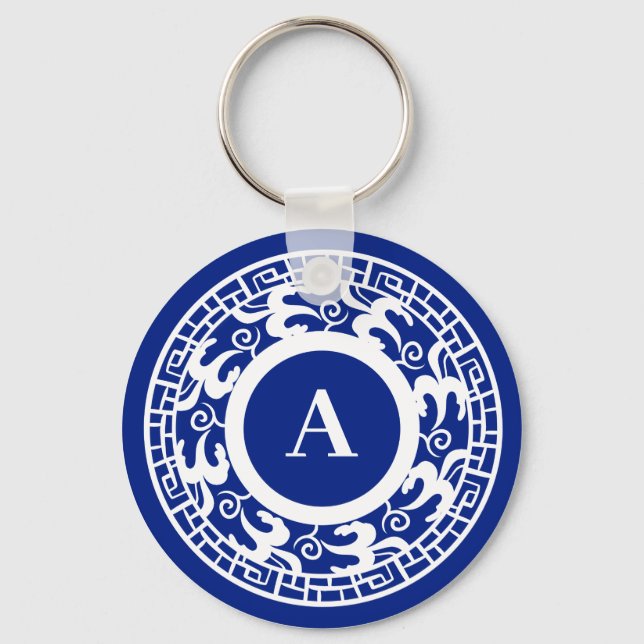 Personalisiert Blau Weiß Chinoiserie Chic Monogram Schlüsselanhänger (Vorderseite)