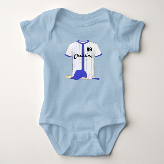 Personalisiert-blaues Baseball Baby Strampler (Vorderseite)