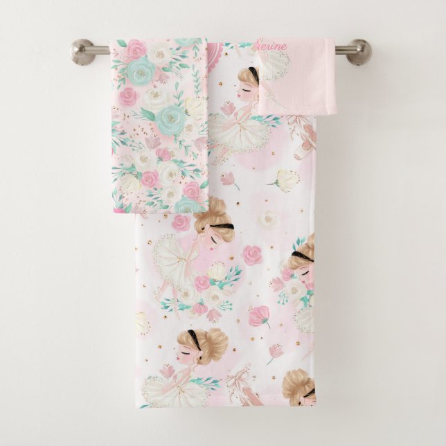 Personalisiert Blonde Ballerina Rosa Blauer Badhandtuch Set (Insitu)
