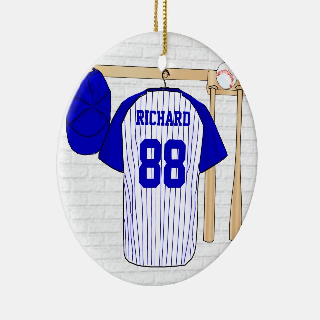 Personalisiert Blue and White Baseball Jersey Keramikornament (Rechts)