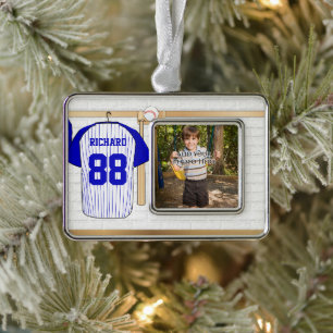 Personalisiert Blue and White Baseball Jersey Rahmen-Ornament Silber
