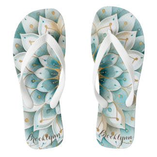Personalisiert Blue Aquamarin Gold Floral Mandala Flip Flops