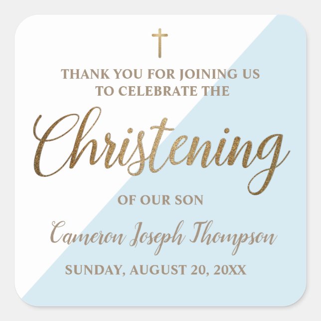 Personalisiert Blue Baby Christening Danke Quadratischer Aufkleber (Vorderseite)