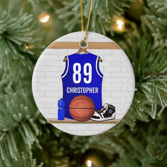Personalisiert Blue Basketball Jersey Keramikornament (Baum)