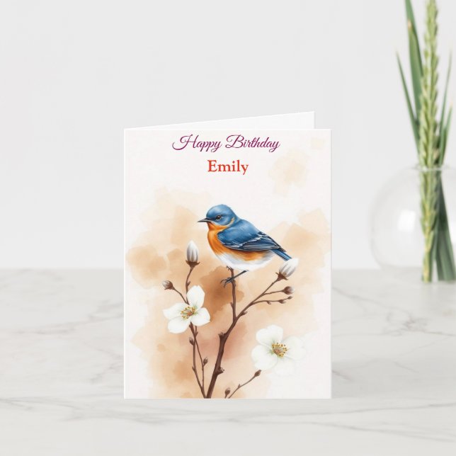 Personalisiert Blue Bird Blume Wasserfarbe Geburts Karte (Vorderseite)