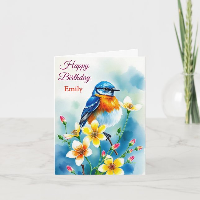 Personalisiert Blue Bird Blume Wasserfarbe Geburts Karte (Vorderseite)