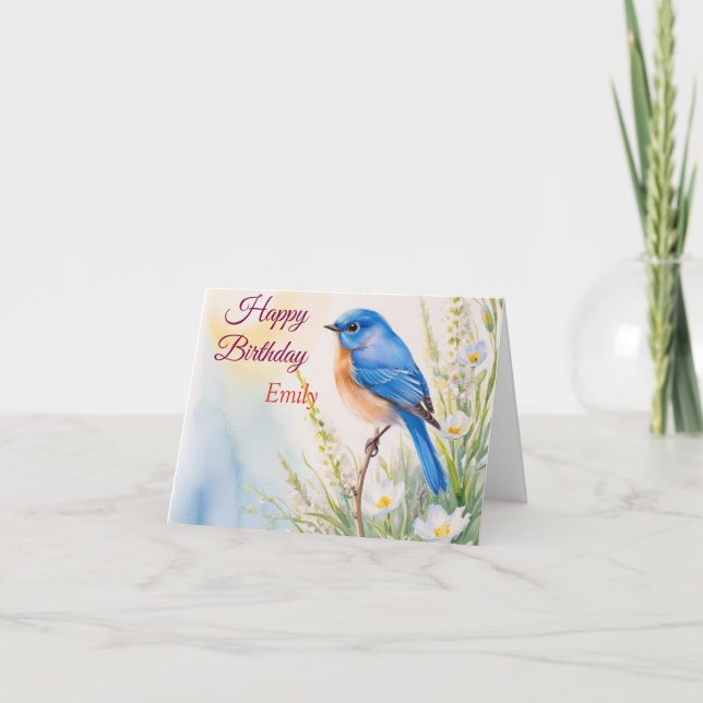 Personalisiert Blue Bird Blume Wasserfarbe Geburts Karte (Vorderseite)