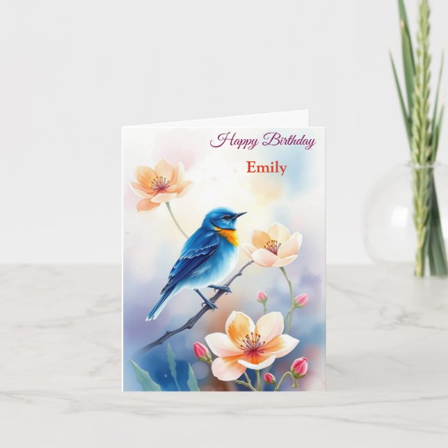 Personalisiert Blue Bird Blume Wasserfarbe Geburts Karte (Vorderseite)