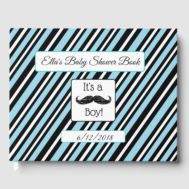 Personalisiert Blue & Black Stripes Babyduschbuch Gästebuch (Vorderseite)