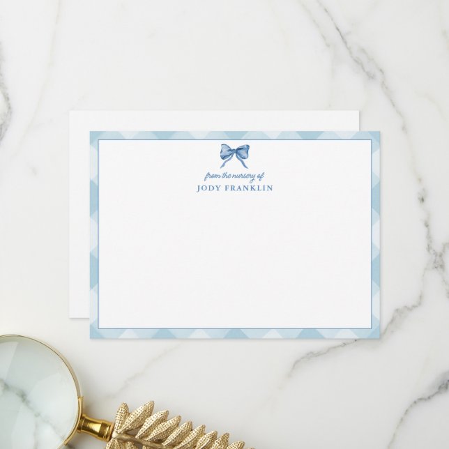 Personalisiert Blue Bow Gingham Baby Boy Stationer Dankeskarte (Vorderseite/Rückseite Beispiel)