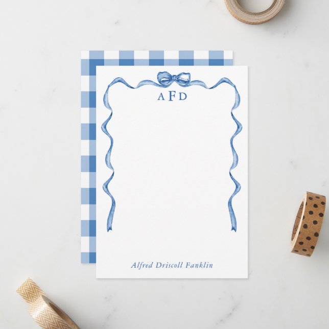 Personalisiert Blue Bow Gingham New Baby Stationer Mitteilungskarte (Vorderseite/Rückseite Beispiel)