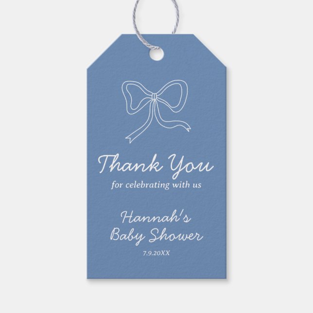 Personalisiert Blue Bow Ribbon Baby Dusche Gefalle Geschenkanhänger (Vorderseite)