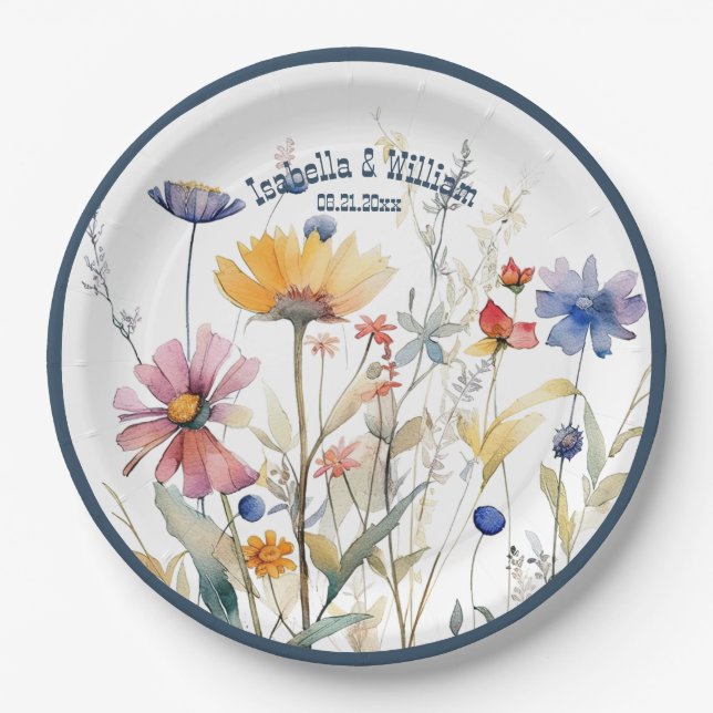 Personalisiert Blue Denim Fall Wildblumen Hochzeit Pappteller (Vorderseite)