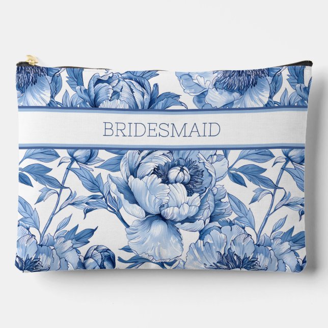 Personalisiert Blue Floral Bridesmaid Blume Zubehörtasche (Vorderseite)
