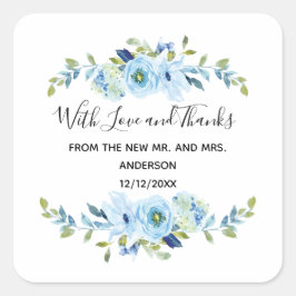 Personalisiert Blue Floral Gastgeschenk Hochzeit Quadratischer Aufkleber