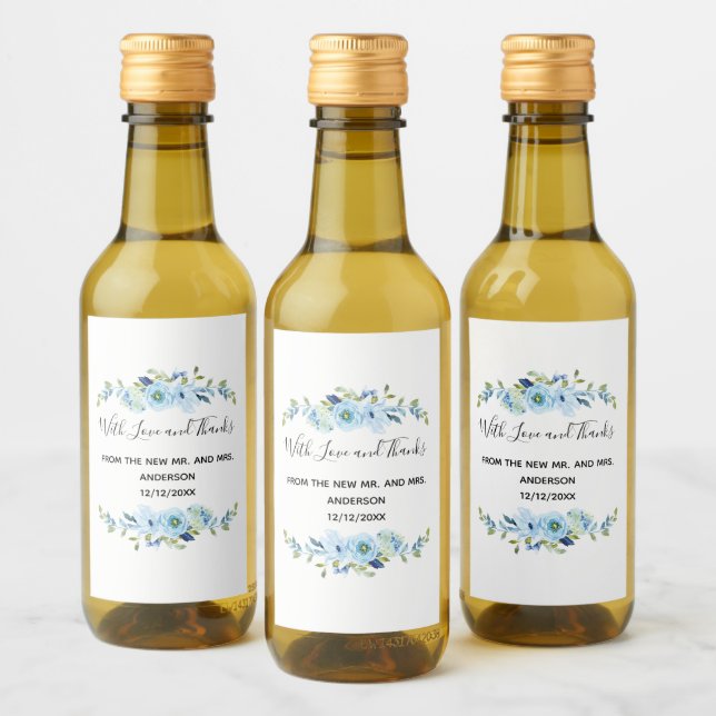 Personalisiert Blue Floral Gastgeschenk Hochzeit Weinetikett (Flaschen)