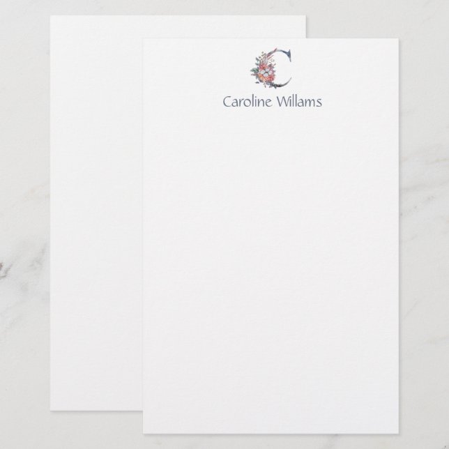 Personalisiert Blue Floral Monogram C Briefpapier (Vorne/Hinten)