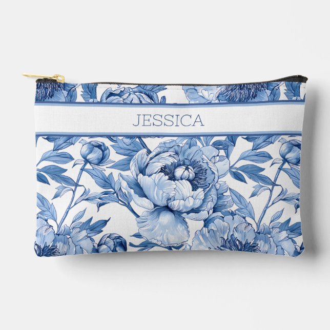 Personalisiert Blue Floral Travel Blume Makeup Zubehörtasche (Vorderseite)