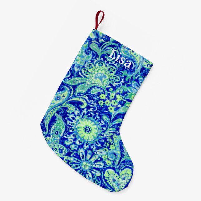 Personalisiert Blue Floral Weihnachten Strumpf Kleiner Weihnachtsstrumpf (Vorderansicht (hängend))