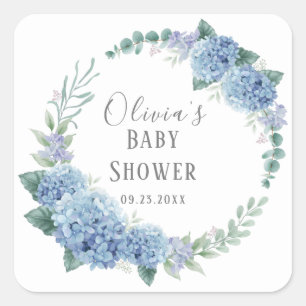 Personalisiert Blue Floral Wreath Baby Dusche Quadratischer Aufkleber