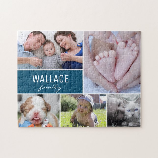 Personalisiert Blue Foto Collage Family (Horizontal)