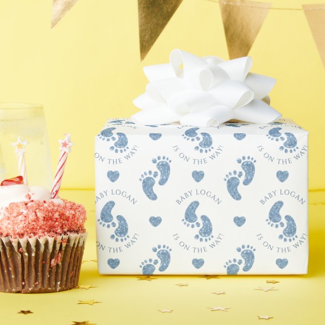 Personalisiert Blue Glitzer Baby Feet Babydusche Geschenkpapier (Geburtstagsparty)