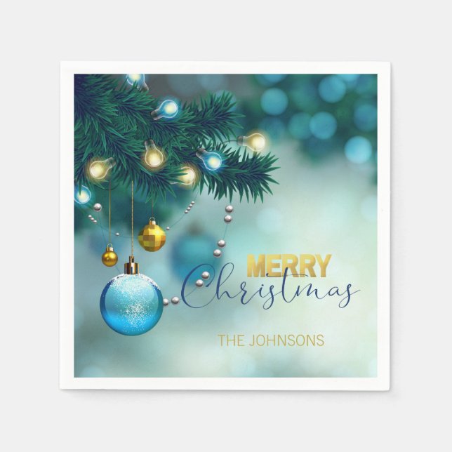 Personalisiert Blue Gold Baubles Tree CHRISTMAS Serviette (Vorderseite)
