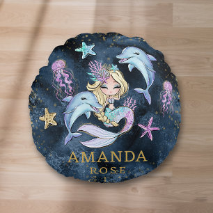 Personalisiert Blue Gold Meerjungfrau Girl Room Rundes Kissen