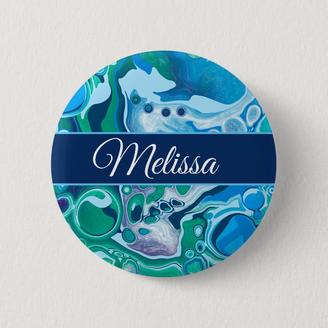 Personalisiert Blue Green Digital Marble Fluid Art Button (Vorderseite)