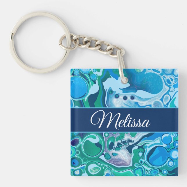 Personalisiert Blue Green Digital Marble Fluid Art Schlüsselanhänger (Vorderseite)