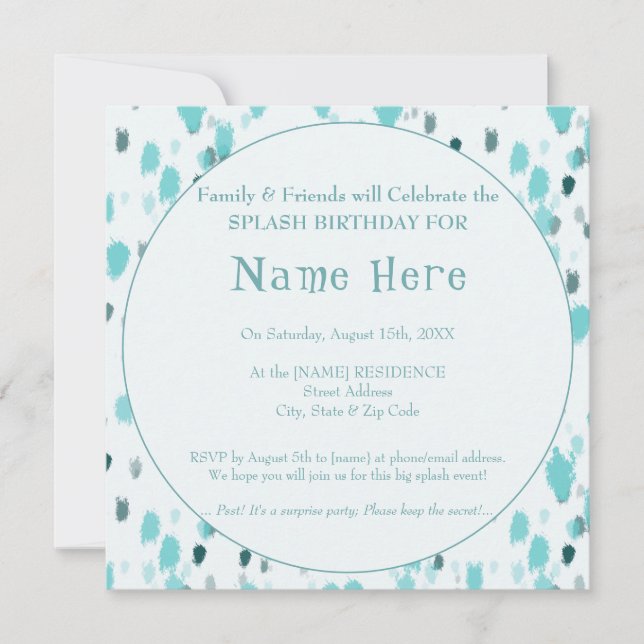 Personalisiert Blue & Grey Fun Big Splash Geburtst Einladung (Vorderseite)