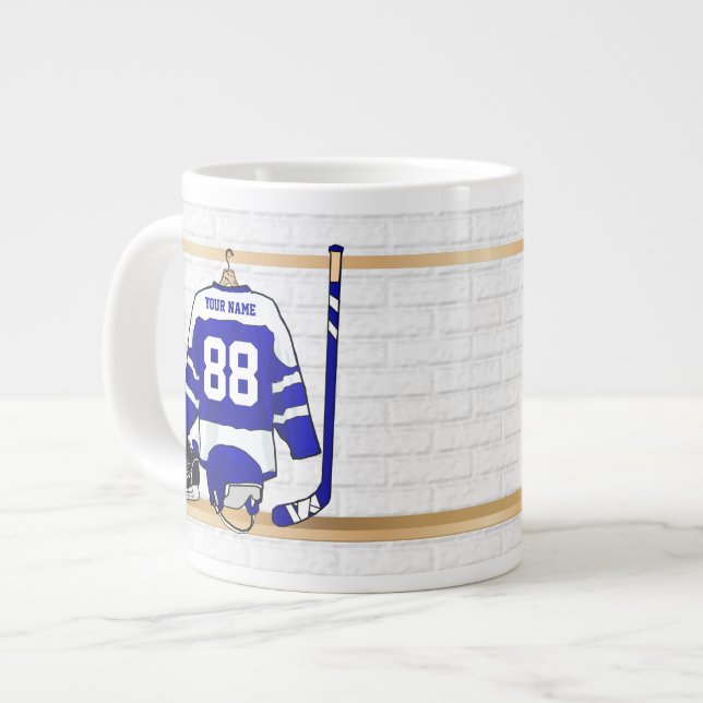 Personalisiert Blue Hockey und White Ice Jersey Jumbo-Tasse (Vorderseite Links)