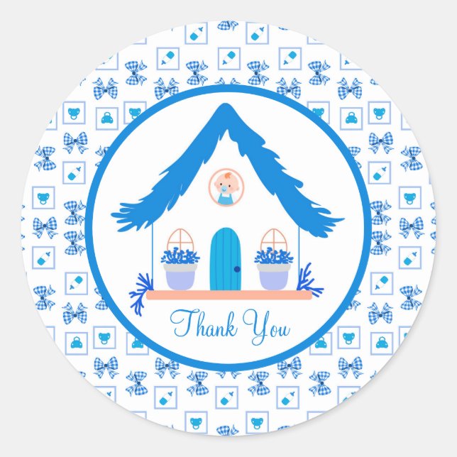 Personalisiert Blue House Danke, Baby Dusche Runder Aufkleber (Vorderseite)