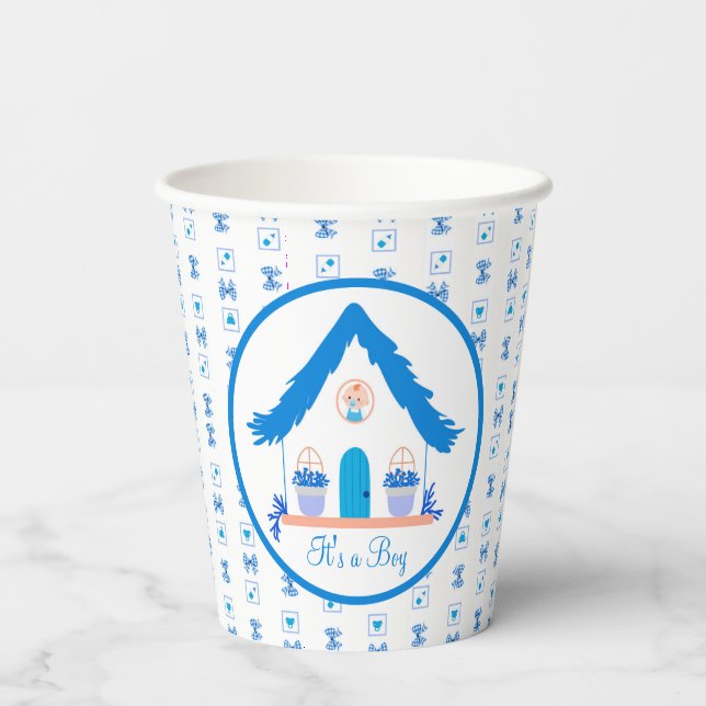Personalisiert Blue House Es ist eine Baby-Dusche Pappbecher (Rückseite)