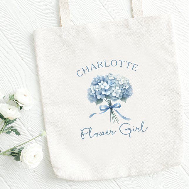Personalisiert Blue Hydrangea Bow Blumenblume Girl Tragetasche (Make her feel special! Customize this charming hydrangea flower girl tote—perfect for your big day!)