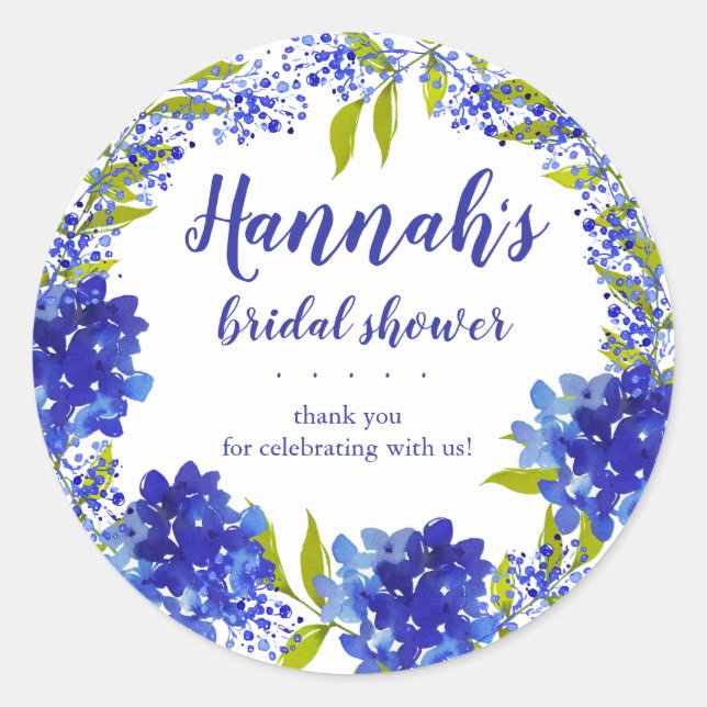 Personalisiert Blue Hydrangea Danke Bridal Showe Runder Aufkleber (Vorderseite)