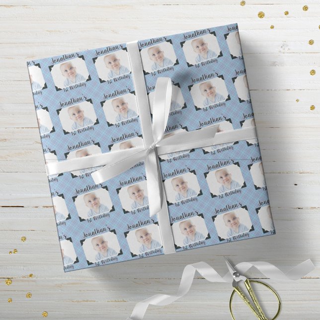 Personalisiert Blue Kariert Baby Birthday Foto Geschenkpapier (Von Creator hochgeladen)