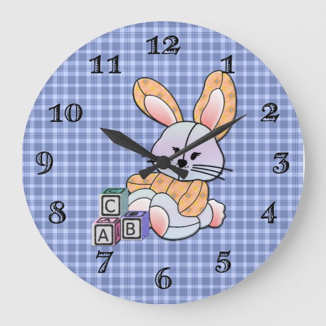 Personalisiert Blue Kariertes Kinderzimmer Kunst,  Große Wanduhr (Vorderseite)