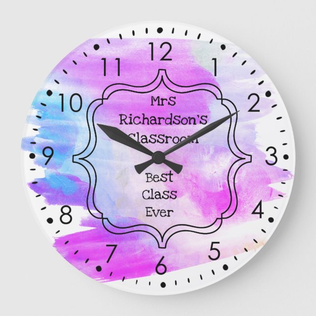 Personalisiert-Blue-Lila-Klassenlehrer Große Wanduhr (Vorderseite)