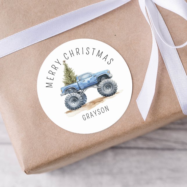 Personalisiert Blue Monster Truck Weihnachtsgesche Runder Aufkleber (Von Creator hochgeladen)