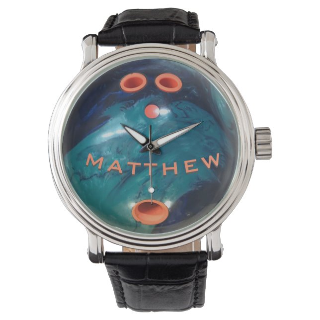 Personalisiert Blue Orange Bowling Ball Armbanduhr (Vorderseite)