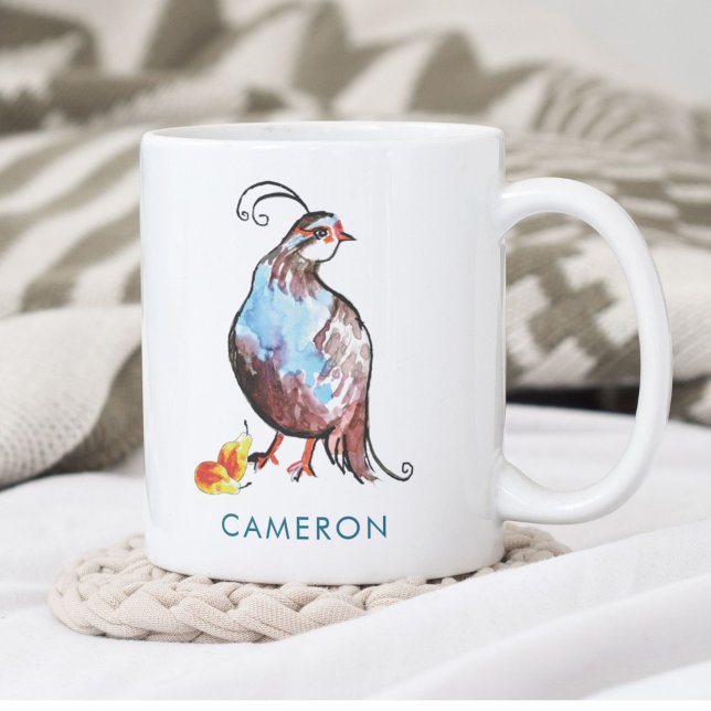 Personalisiert Blue Partridge Pee Boho Holiday Kaffeetasse (Our blue Partridge in a Pear Tree mug has a red bird to match. Personalization goes in chic type.)