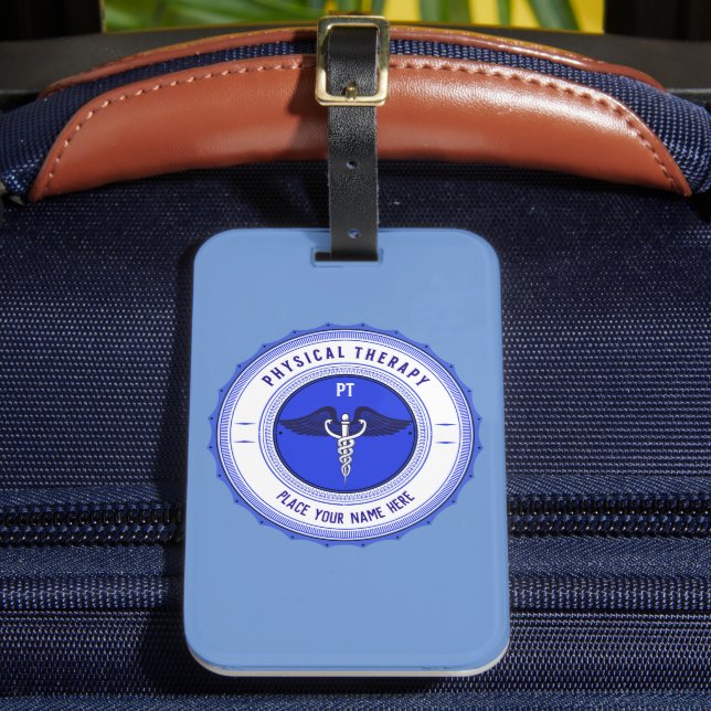 Personalisiert Blue Physical Therapy Caduceus Gepäckanhänger (Vorderseite Insitu 2)
