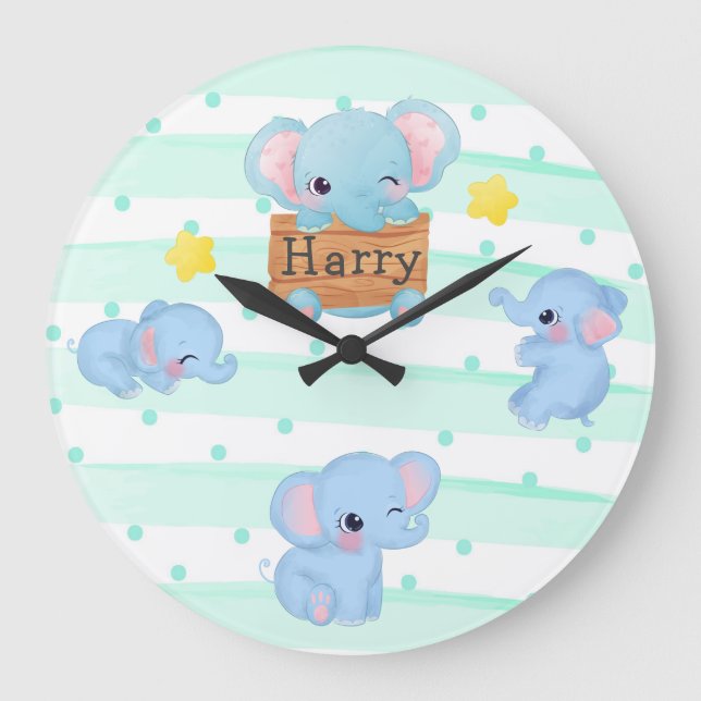 Personalisiert Blue Pink Baby Elephant Kinderzimme Große Wanduhr (Vorderseite)